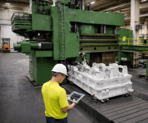 Maintenance technician reviewing equipment diagnostics on a tablet beside an upsetter frame being inspected on a floor mill inside an industrial manufacturing facility.