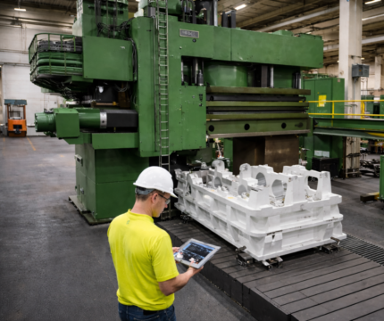 Maintenance technician reviewing equipment diagnostics on a tablet beside an upsetter frame being inspected on a floor mill inside an industrial manufacturing facility.