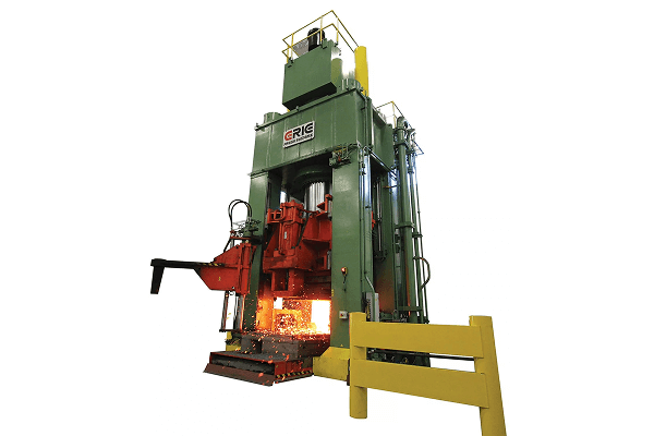 Heavy-duty CEC hydraulic forging press shaping red-hot metal with sparks flying.